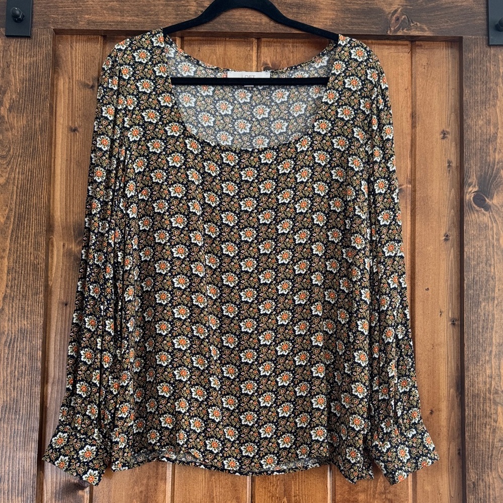 LOFT Black Floral Long-Sleeve Scoop Neck Top with Mustard Accents